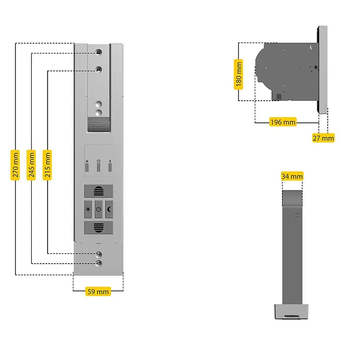 Schellenberg Rollladen-Gurtwickler Rollo Drive 105 Standard - Zugkraft: 60 kg, Gurtbreite: 23 mm, Unterputz - Ein detailliertes Bild der Produktabmessungen für eine graue elektronische Steuerungseinheit zur Wandmontage.