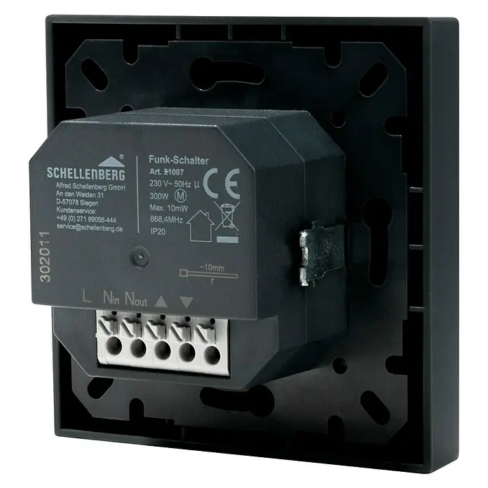 Schellenberg Smart Home Funk-Empfangsschalter - 40 x 80 x 80 mm, Anthrazit, Unterputzmontage - Nahaufnahme eines Schellenberg Funk-Schalters, Modell 21007, mit sichtbaren technischen Details und Anschlüssen.