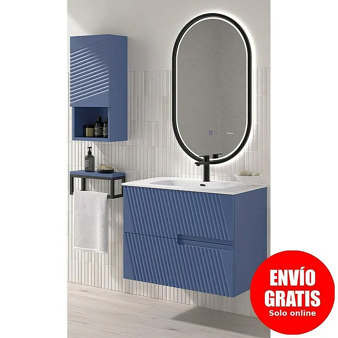 Duplach Mueble bajo de lavabo Saser - L x An x Al: 45 x 60 x 60 cm, Oceano - Mueble de baño con gabinete azul, espejo ovalado y gabinete de pared para un ambiente moderno.
