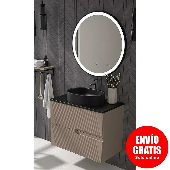 Duplach Mueble bajo de lavabo Saser - L x An x Al: 45 x 60 x 60 cm, Moka - Configuración de baño con tocador con lavabo, espejo ovalado con iluminación LED y lavabo sobre encimera negro.