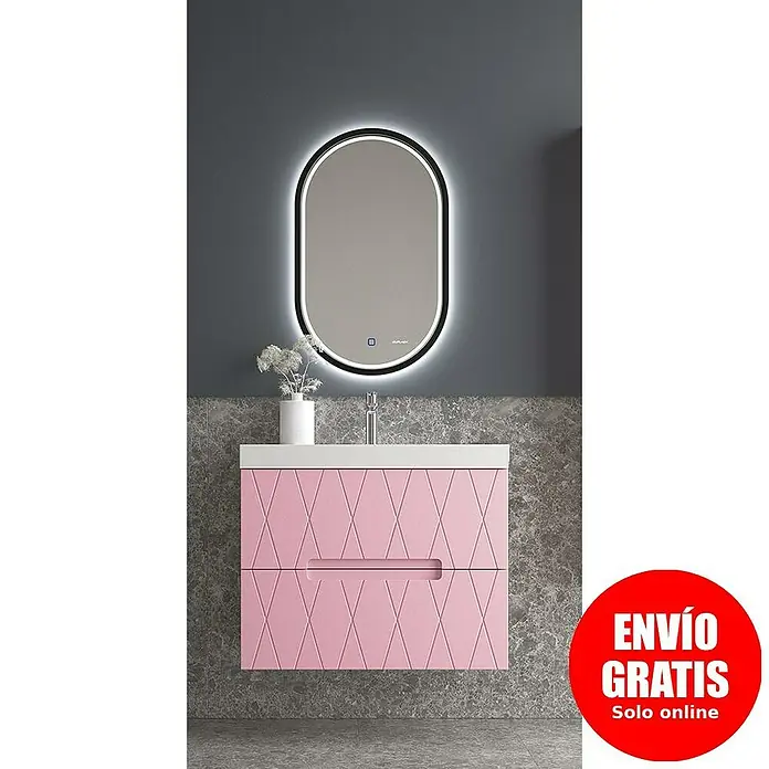 Duplach Mueble bajo de lavabo Nanda - L x An x Al: 45 x 80 x 60 cm, Rosa - Moderno lavabo de baño rosa con espejo iluminado a juego para un ambiente elegante.