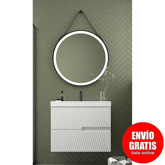 Duplach Mueble bajo de lavabo Saser - L x An x Al: 45 x 60 x 60 cm, Blanco - Mueble de baño moderno con espejo LED redondo para un diseño elegante y contemporáneo.