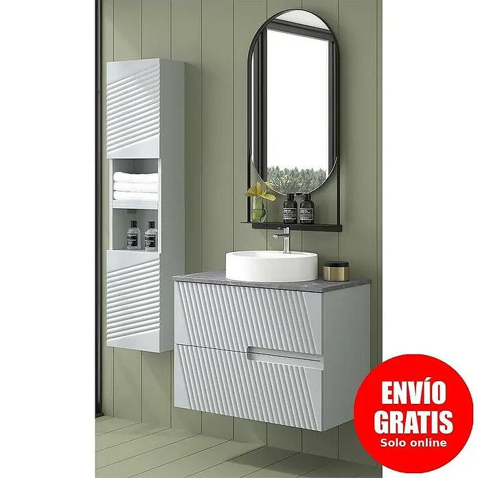 Duplach Mueble bajo de lavabo Saser - L x An x Al: 45 x 100 x 60 cm, Gris - Un moderno conjunto de baño con mueble de lavabo, lavabo sobre encimera y armario con espejo, ideal para baños elegantes.