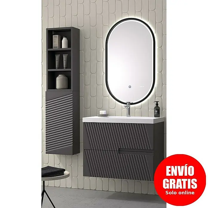 Duplach Mueble bajo de lavabo Saser - L x An x Al: 45 x 80 x 60 cm, Antracita - Conjunto de baño moderno con mueble de lavabo gris y espejo retroiluminado LED para un diseño elegante y funcional.