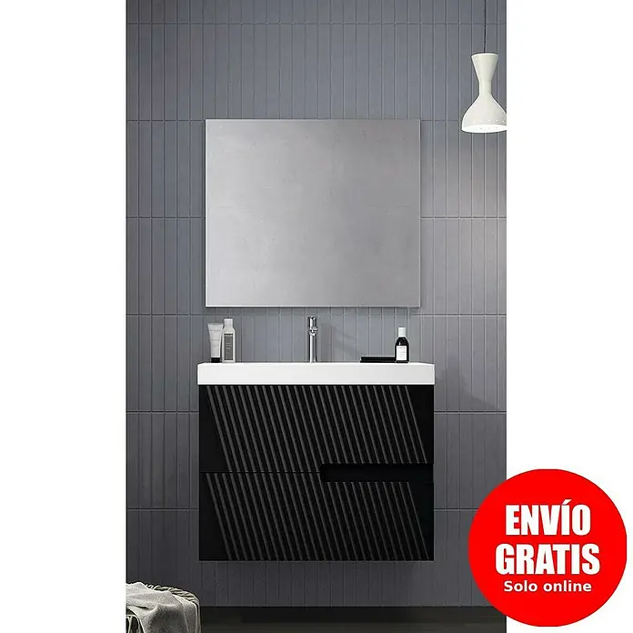 Duplach Mueble bajo de lavabo Saser - L x An x Al: 45 x 60 x 60 cm, Negro - Mueble de baño moderno con dos cajones negros y encimera blanca, incluye espejo y lámpara colgante.