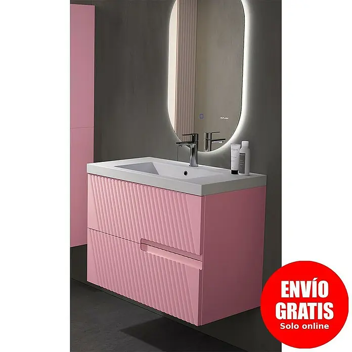 Duplach Mueble bajo de lavabo Saser - L x An x Al: 45 x 60 x 60 cm, Rosa - Mueble de baño rosa con lavabo y espejo iluminado para un diseño de baño moderno.