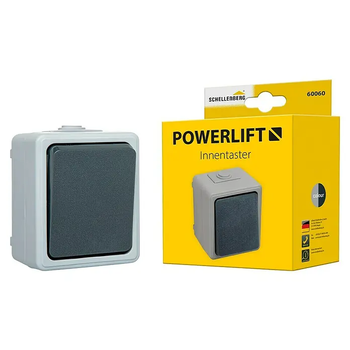 Schellenberg Innentaster - Passend für: Schellenberg Garagentorantriebe, Aufputzmontage - Nahaufnahme eines Schellenberg Powerlift Innentasters neben der gelben Produktverpackung mit der Nummer 60060.