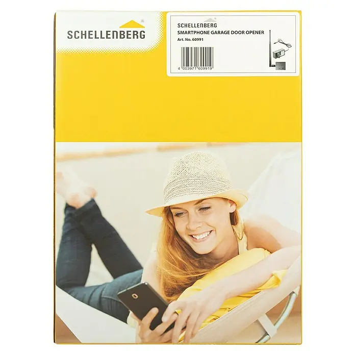 Schellenberg Smartphone-Garagentoröffner - Passend für: Schellenberg Garagen- und Außentorantriebe, Externe Stromversorgung - Produktverpackung für Schellenberg Smartphone Garagentoröffner, die eine Frau mit Handy im Liegestuhl zeigt.