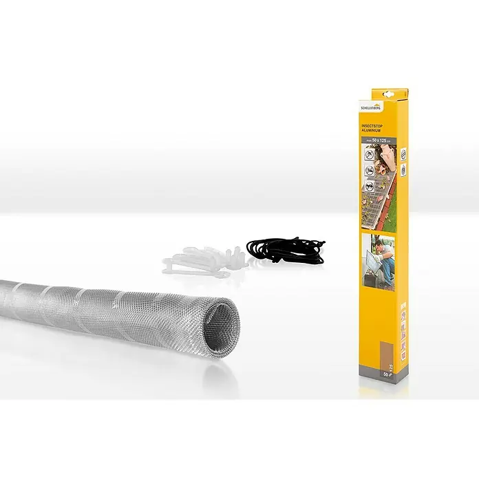 Schellenberg Lichtschachtabdeckung - B x H: 50 x 125 cm, Aluminium - Produktbild von Schellenberg Insektenschutz Aluminium mit Rollen, Befestigungsclips und Verpackung.