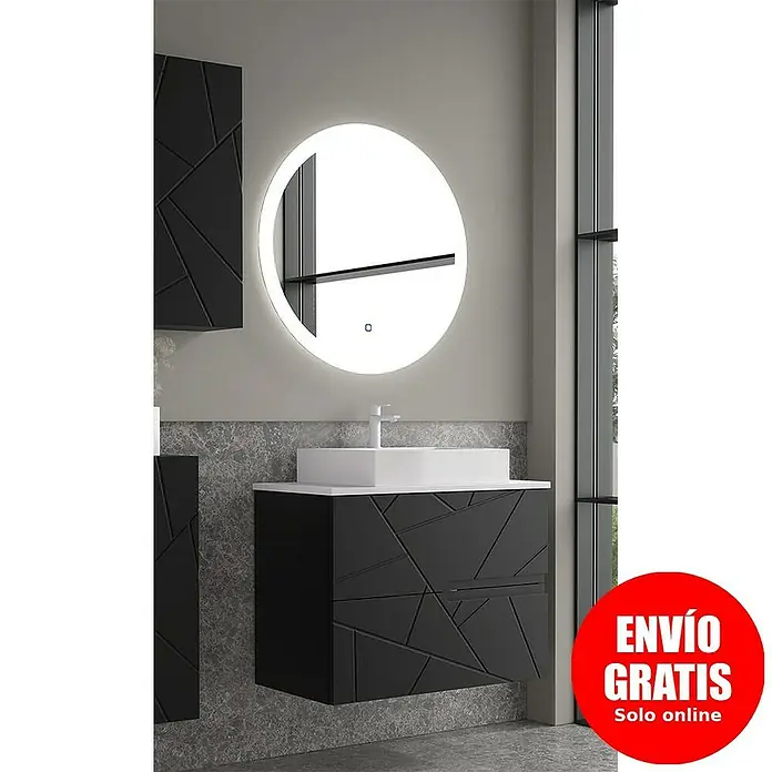 Duplach Mueble bajo de lavabo Gurla - L x An x Al: 45 x 60 x 60 cm, Negro - Moderno conjunto de baño con mueble de lavabo negro, lavabo sobre encimera y espejo LED redondo para una elegancia elegante.