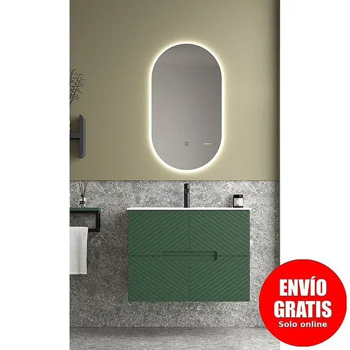 Duplach Mueble bajo de lavabo Kamet - L x An x Al: 45 x 60 x 60 cm, Oliva - Baño moderno con mueble de lavabo verde, pared de mármol y espejo iluminado para un ambiente elegante.