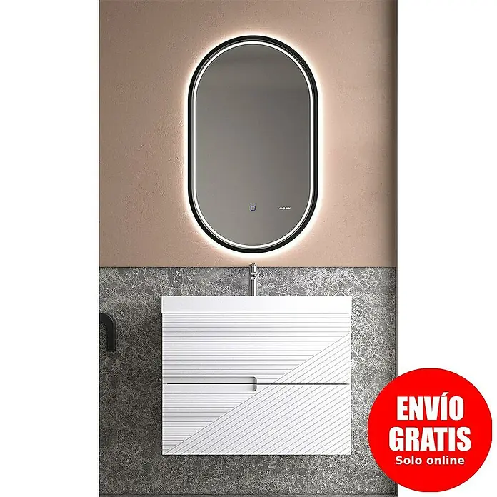 Duplach Mueble bajo de lavabo Rimo - L x An x Al: 45 x 80 x 60 cm, Blanco - Conjunto de baño con espejo ovalado retroiluminado y moderno mueble de lavabo blanco con diseño de líneas elegantes.