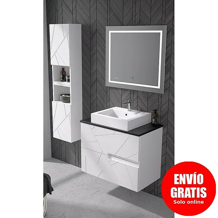 Duplach Mueble bajo de lavabo Gurla - L x An x Al: 45 x 100 x 60 cm, Blanco - Elegante juego de baño con mueble de lavabo, espejo y armario alto, con un diseño moderno y patrones geométricos.