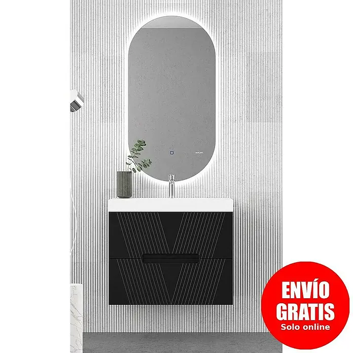 Duplach Mueble bajo de lavabo Istor - L x An x Al: 45 x 60 x 60 cm, Negro - Elegante conjunto de baño con mueble bajo lavabo y espejo LED, diseño moderno.