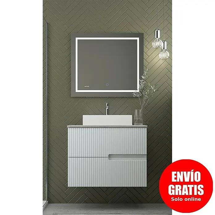 Duplach Mueble bajo de lavabo Mana - L x An x Al: 45 x 60 x 60 cm, Gris - Un moderno mueble de baño con lavabo y espejo iluminado se exhibe contra una pared estampada elegante.