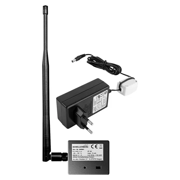Schellenberg Smartphone-Garagentoröffner - Passend für: Schellenberg Garagen- und Außentorantriebe, Externe Stromversorgung - Produktabbildung: Schellenberg-Gerät mit Antenne, Netzteil und Anschlusskabel, ideal für Smart-Home-Anwendungen.