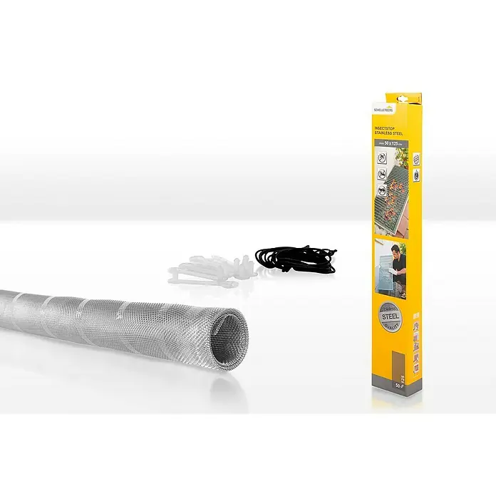 Schellenberg Lichtschachtabdeckung - Stahl - Produktansicht des Schellenberg Insektenschutz Edelstahl-Sets. Das Set beinhaltet ein Edelstahlgitter, Befestigungsclips und ein Montageband.