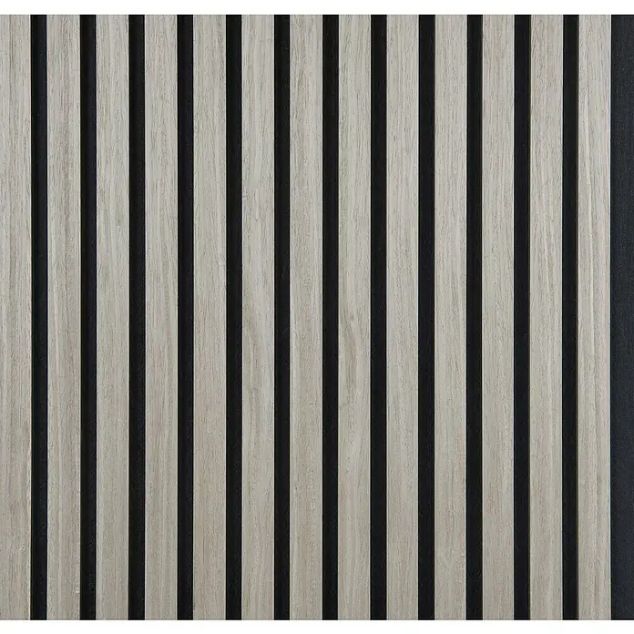 FibroTech Akustikpaneel Quanti - Grey, 2.440 x 520 x 18 mm - Akustikpaneele für Wand und Decke mit Holzlatten in hellem Grau und schwarzen Filz zur Schallabsorption für moderne Raumgestaltung.