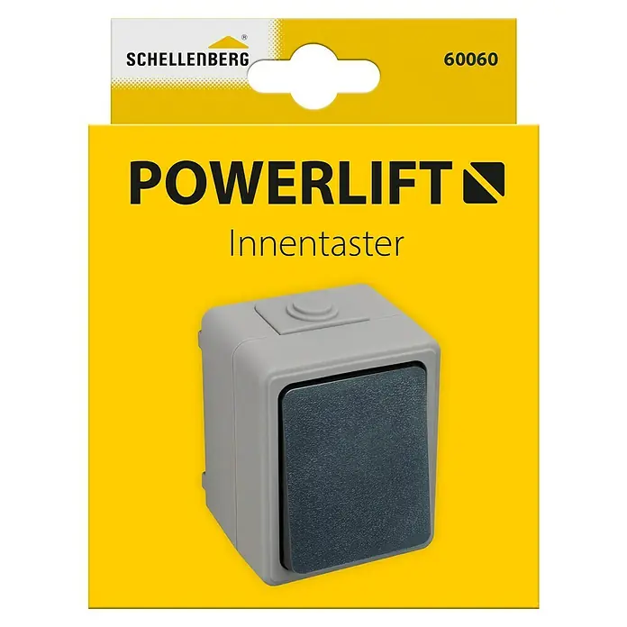 Schellenberg Innentaster - Passend für: Schellenberg Garagentorantriebe, Aufputzmontage - Abbildung eines Schellenberg Powerlift Innentasters in seiner Verpackung.