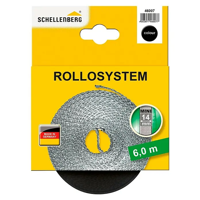 Schellenberg Rollladengurt - Schwarz, Länge: 6 m, Gurtbreite: 14 mm - Schellenberg Rollosystem: 6,0 m Rolladen Gurtband Mini, 14 mm breit. Ideal für Rollladensysteme, hergestellt in Deutschland für zuverlässige Qualität.