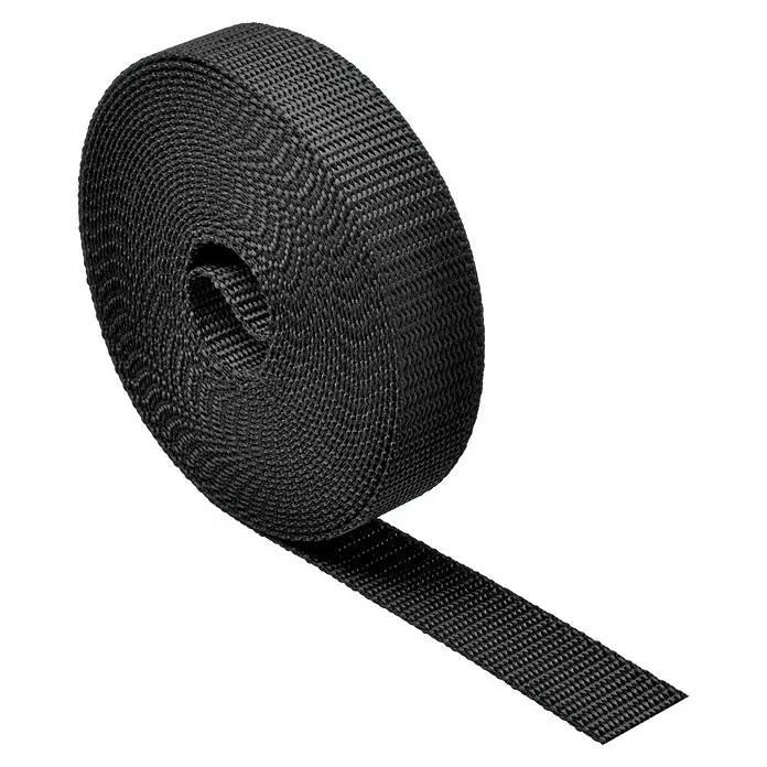Schellenberg Rollladengurt - Schwarz, Länge: 6 m, Gurtbreite: 23 mm - Nahaufnahme einer Rolle schwarzen Textilbandes. Die Textur des Bandes ist deutlich sichtbar und zeigt ein eng gewebtes Muster, das für Festigkeit sorgt.