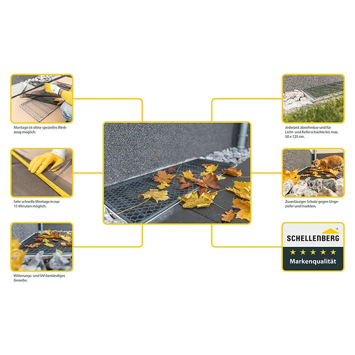 Schellenberg Lichtschachtabdeckung - Kunststoff - Produktbild mit Details zum Schellenberg Laubschutz-Gitter für Lichtschächte, einfache Montage, UV-beständig und zuverlässiger Schutz vor Ungeziefer.