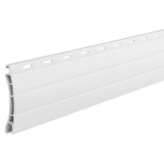 Schellenberg Rollladenprofil Mini - L x H: 150 x 3,7 cm, Geeignet für: Rollladen-Mini-Systeme, Weiß - Nahaufnahme eines weißen Vinyl- oder Kunststoff-Wandpaneels mit horizontaler Ausrichtung und erkennbaren Montagelöchern.
