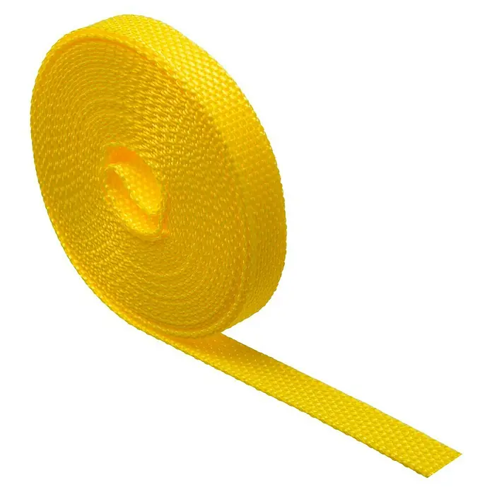 Schellenberg Rollladengurt - Gelb, Länge: 6 m, Gurtbreite: 14 mm - Ein gelbes Gurtband auf einer Rolle, perfekt für Bastelarbeiten oder als dekoratives Element. Die Textur des Bandes ist gut sichtbar.