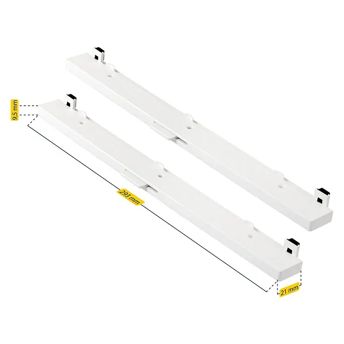 Schellenberg Fensterlüfter Universal Doppelpack - Weiß, 2 Stk. - Zwei weiße Schubladenführungen mit den Maßen 293 mm Länge, 9,5 mm Höhe und 21 mm Breite.