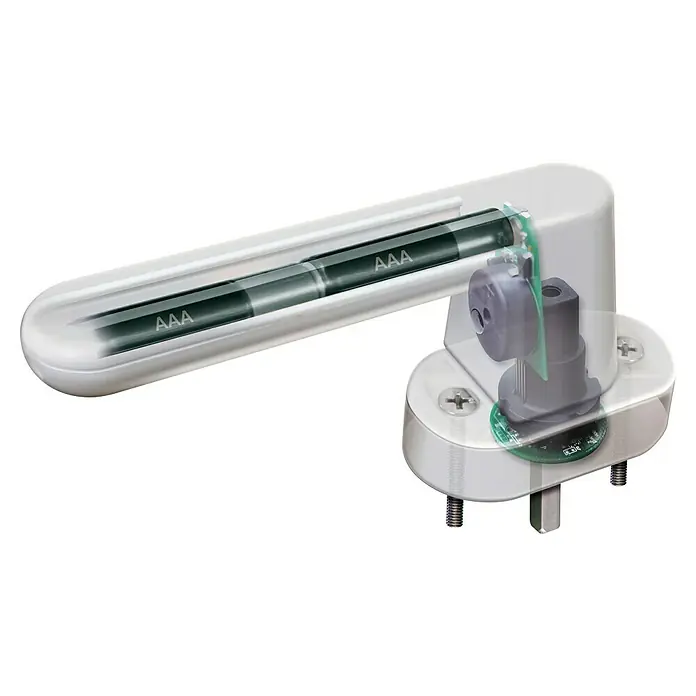 Schellenberg Alarm-Fenstergriff - Weiß, 115 dB - Detailaufnahme eines elektronischen Fenstergriffs, der mit Batterien betrieben wird und über eine integrierte Steuerung verfügt.