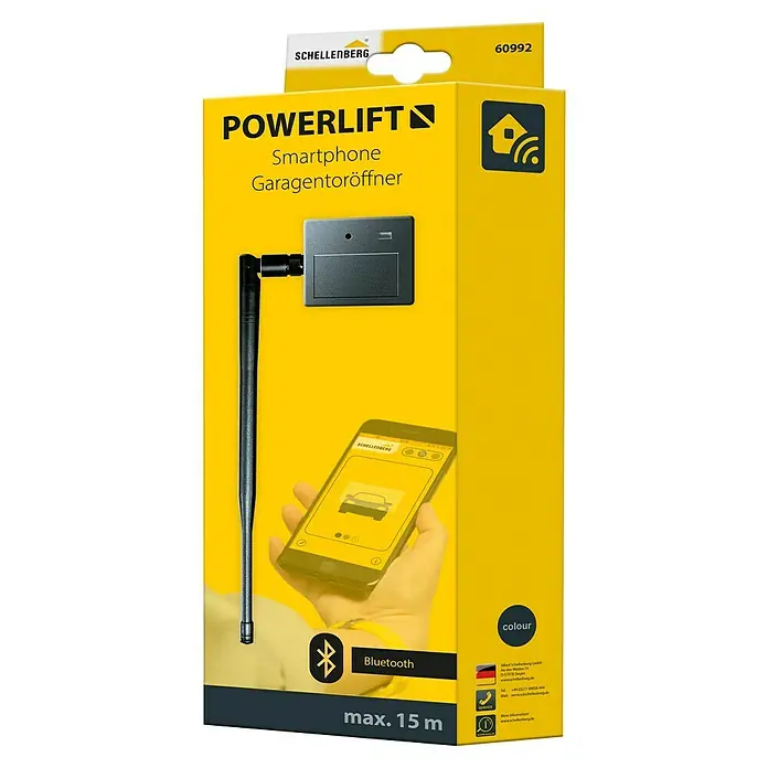 Schellenberg Smartphone-Garagentoröffner Powerlift - Passend für: Schellenberg Garagentorantriebe - Produktverpackung für einen Schellenberg Powerlift Smartphone Garagentoröffner mit Bluetooth-Funktion und einer Reichweite von max. 15 Metern.