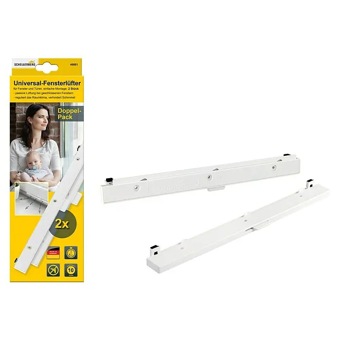 Schellenberg Fensterlüfter Universal Doppelpack - Weiß, 2 Stk. - Abbildung eines Schellenberg Universal-Fensterlüfters Doppelpack zur passiven Belüftung bei geschlossenen Fenstern zur Regulierung des Raumklimas.