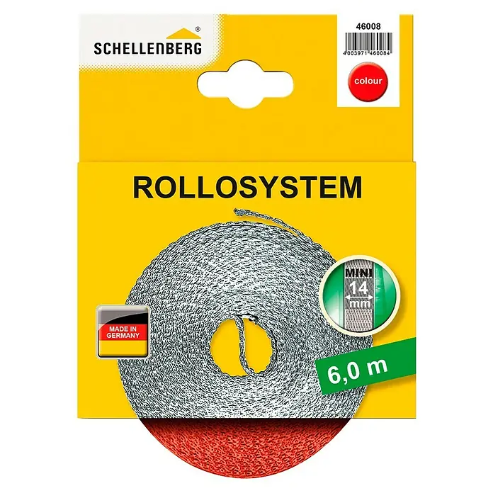 Schellenberg Rollladengurt - Rot, Länge: 6 m, Gurtbreite: 14 mm - Das Bild zeigt eine Schellenberg Mini Rolladen Gurtband-Rolle, 14 mm breit und 6,0 m lang, hergestellt in Deutschland, in roter Farbe.