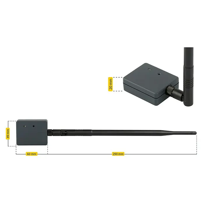 Schellenberg Smartphone-Garagentoröffner Powerlift - Passend für: Schellenberg Garagentorantriebe - Bild eines grauen WLAN-Geräts mit Antenne und Maßangaben, das die Abmessungen verdeutlicht.