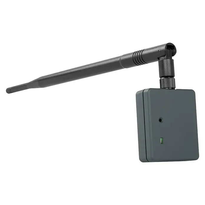 Schellenberg Smartphone-Garagentoröffner Powerlift - Passend für: Schellenberg Garagentorantriebe - Bild eines grauen Geräts mit einer Antenne. Das Gerät ist wahrscheinlich ein Sensor oder eine Steuerung, die drahtlos kommunizieren kann.