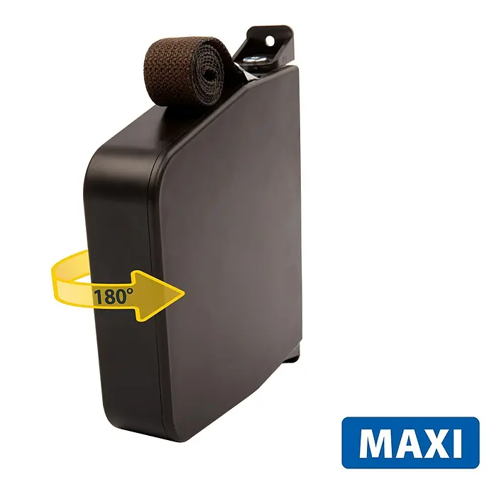 Schellenberg Aufschraubwickler Maxi - Aufputz, Gurtbreite: 23 mm, Lochabstand: 170 mm - Das Maxi-Produkt mit einem braunen Gurt oben und einem gelben Pfeil, der die Drehung um 180° anzeigt.