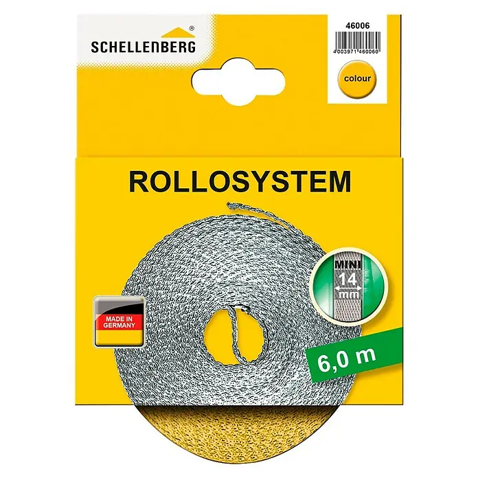 Schellenberg Rollladengurt - Gelb, Länge: 6 m, Gurtbreite: 14 mm - Bild einer Rollosystem-Verpackung von Schellenberg, die ein 6,0 m langes, 14 mm breites Mini-Rolloband zeigt.