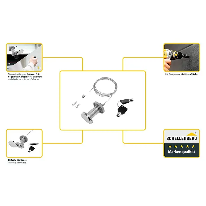 Schellenberg Notentriegelungs-Schloss Powerlift - Passend für: Garagentore bis 40 mm Stärke - Notentriegelungsschloss für Garagentore: Ermöglicht die manuelle Entriegelung bei Stromausfall oder technischen Defekten.