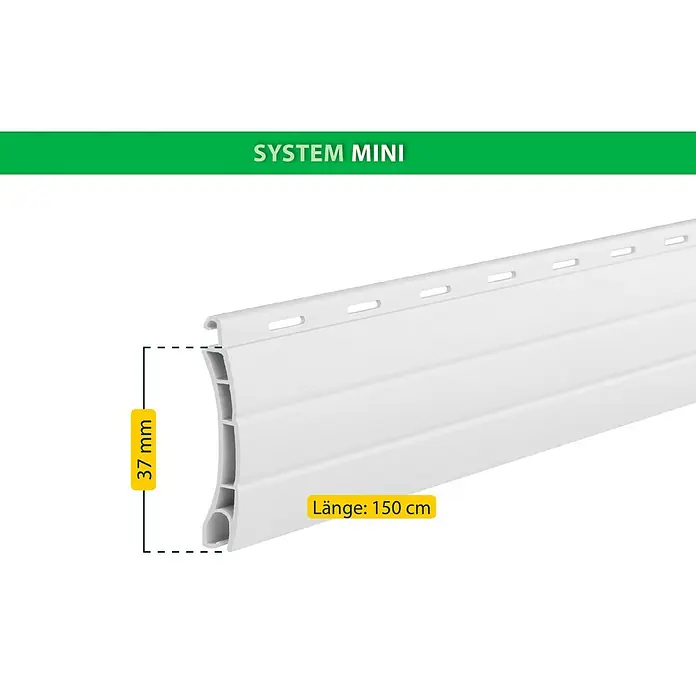 Schellenberg Rollladenprofil Mini - L x H: 150 x 3,7 cm, Geeignet für: Rollladen-Mini-Systeme, Weiß - Abbildung eines weißen Rollladenprofils "System Mini" mit den Maßen 37mm Höhe und 150cm Länge.