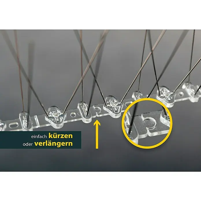 Schellenberg Taubenschutz - L x B x H: 50 x 2,2 x 0,6 cm - Nahaufnahme einer flexiblen Vogelabwehrleiste aus transparentem Kunststoff mit Spikes. Die Leiste ist modular und kann einfach gekürzt oder verlängert werden.
