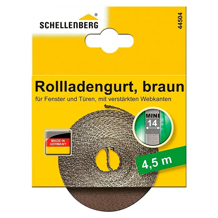 Schellenberg Rollladengurt - Braun, Länge: 4,5 m, Gurtbreite: 14 mm - Bild einer Schellenberg Rollladengurt, braun, 4,5 m lang, für Fenster und Türen mit verstärkten Webkanten und Made in Germany Qualität.