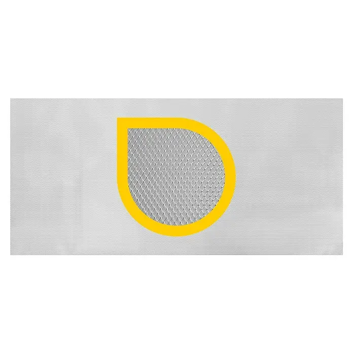 Schellenberg Lichtschachtabdeckung - B x H: 55 x 110 cm, Aluminium - Ein weißer Stoffbeutel mit gelbem tropfenförmigem Ausschnitt, der ein metallisches Rautenmuster darunter freilegt.