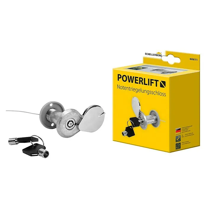 Schellenberg Notentriegelungs-Schloss Powerlift - Passend für: Garagentore bis 40 mm Stärke - Das Schellenberg Powerlift Notentriegelungsschloss mit Schlüssel und gelber Verpackung.