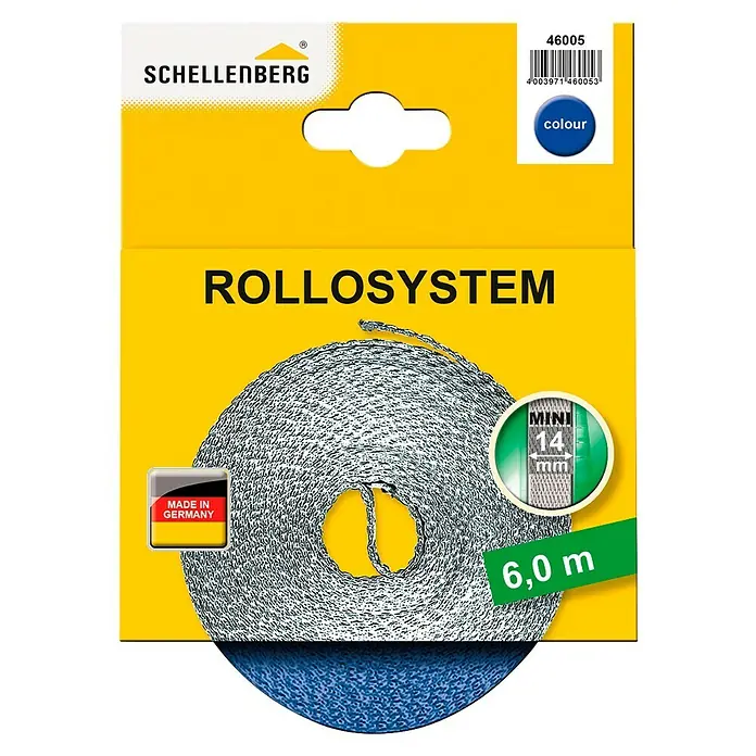 Schellenberg Rollladengurt - Royalblau, Länge: 6 m, Gurtbreite: 14 mm - Bild einer Schellenberg Rollosystem Mini Rollband-Aufroller mit 14 mm Breite und 6,0 m Länge, verpackt in gelbem Karton mit blauem Detail.