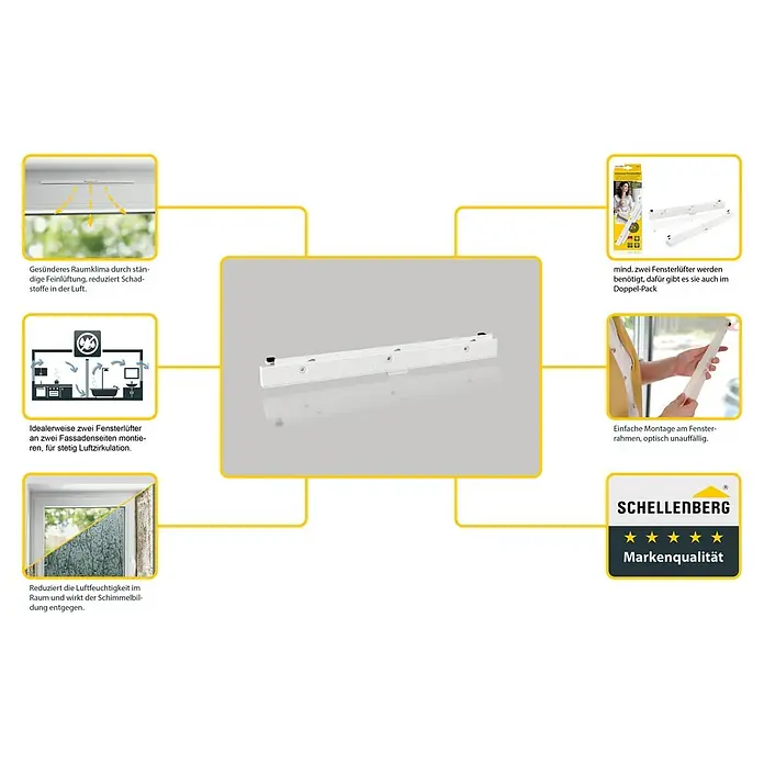 Schellenberg Fensterlüfter Universal Einzelpack - Weiß, 1 Stk. - Das Bild zeigt eine Produktanzeige für Schellenberg Fensterlüfter, die für ein gesundes Raumklima und einfache Montage beworben werden.