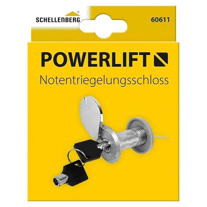Schellenberg Notentriegelungs-Schloss Powerlift - Passend für: Garagentore bis 40 mm Stärke - Verpackung eines Schellenberg Powerlift Notentriegelungsschlosses mit zwei Schlüsseln.
