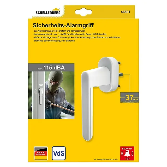 Schellenberg Alarm-Fenstergriff - Weiß, 115 dB - Sicherheits-Alarmgriff von Schellenberg. Der Alarmgriff sichert Fenster und Terrassentüren mit einem lauten Alarmsignal.