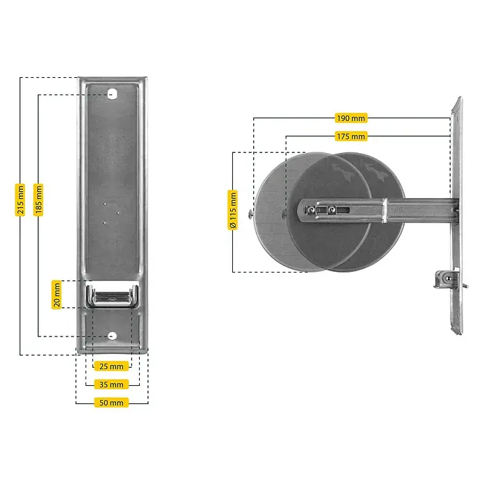 Schellenberg Einlasswickler Maxi - Lochabstand: 185 mm, Gurtbreite: 23 mm, Max. Gurtlänge: 12 m - Abbildung eines Toilettenpapierspenders mit Maßangaben zur Veranschaulichung der Produktabmessungen und -spezifikationen.