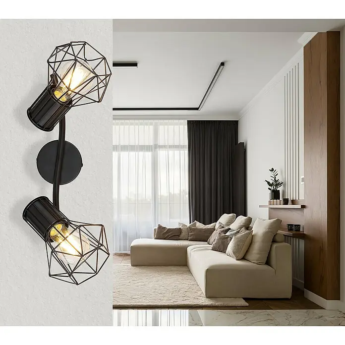 Globo Deckenstrahler Priska - 40 W, L x B x H: 340 x 130 x 190 mm, Schwarz, E27 - Wandleuchte mit zwei schwarzen Drahtlampenschirmen, die ein warmes Licht ausstrahlen und eine stilvolle Atmosphäre schaffen.