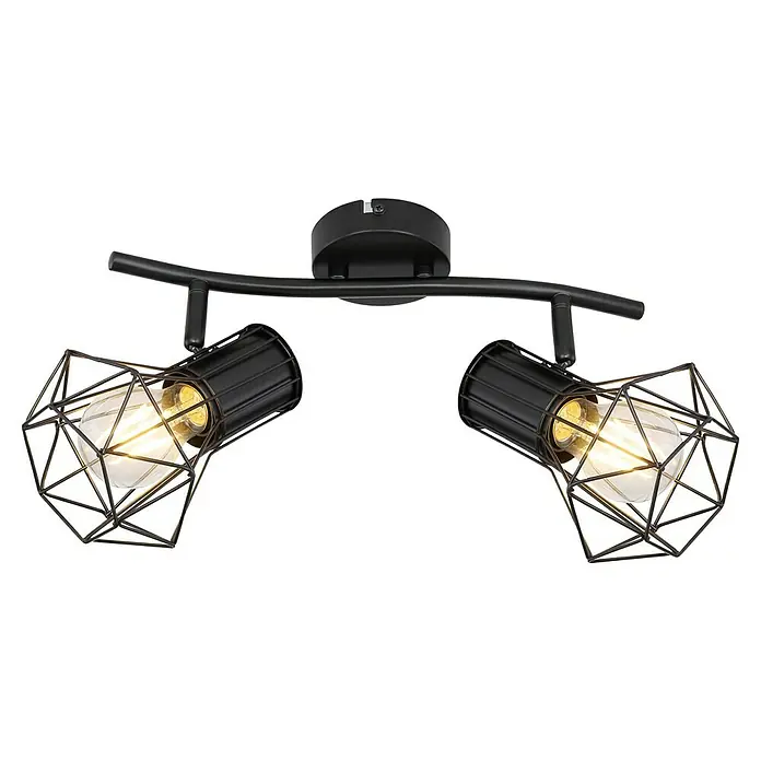 Globo Deckenstrahler Priska - 40 W, L x B x H: 340 x 130 x 190 mm, Schwarz, E27 - Moderne Deckenleuchte mit zwei Lichtquellen im Industrial-Design. Die Lampe hat schwarze Metallkäfige und eine gebogene Halterung.